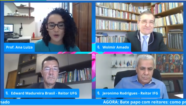 Junto com os reitores da UFG, Edward Madureira Brasil, da PUC-GO, Wolmir Therezio Amado, e da professora Ana Luiza Souza (PUC-GO),o professor Jerônimo, reitor do IFG, falou sobre educação em painel na Campus Party Junto com os reitores da UFG, Edward Madureira Brasil, da PUC-GO, Wolmir Therezio Amado, e da professora Ana Luiza Souza (PUC-GO),o professor Jerônimo, reitor do IFG, falou sobre educação em painel na Campus Party