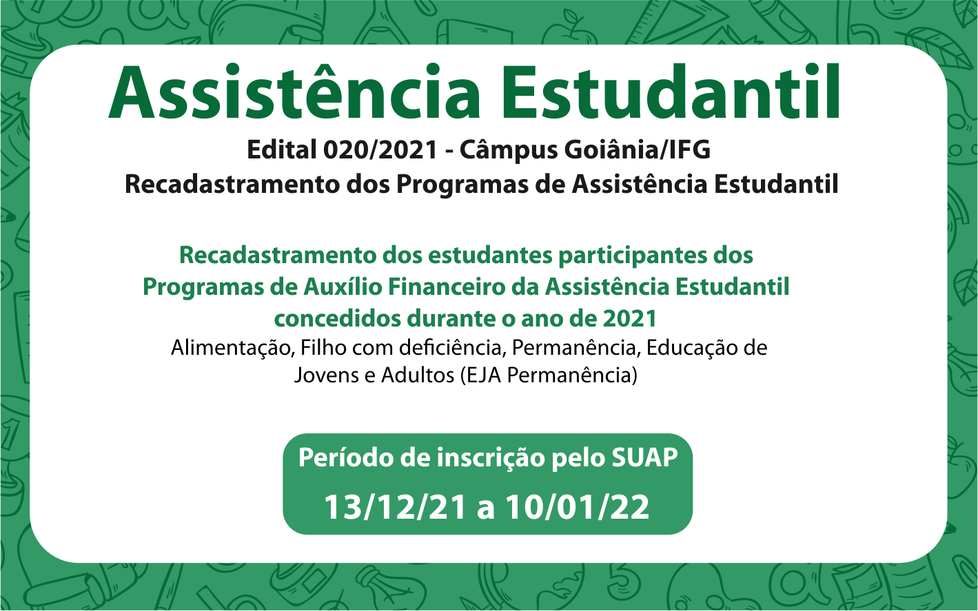 Podem participar estudantes que já recebem auxílio durante o ano de 2021. Ingressantes deverão aguardar novo edital para concorrer auxílios Podem participar estudantes que já recebem auxílio durante o ano de 2021. Ingressantes deverão aguardar novo edital para concorrer auxílios