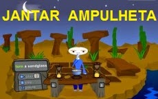 Legenda da imagem: Boneco cozinhando ao ar livre com pedras grandes e cactus ao fundo com duas ampulhetas sobre a mesa. Escrito: Jantar Ampulheta. Texto Alternativo: Boneco cozinhando ao ar livre com pedras grandes e cactus ao fundo com duas ampulhetas sobre a mesa. Escrito: Jantar Ampulheta.