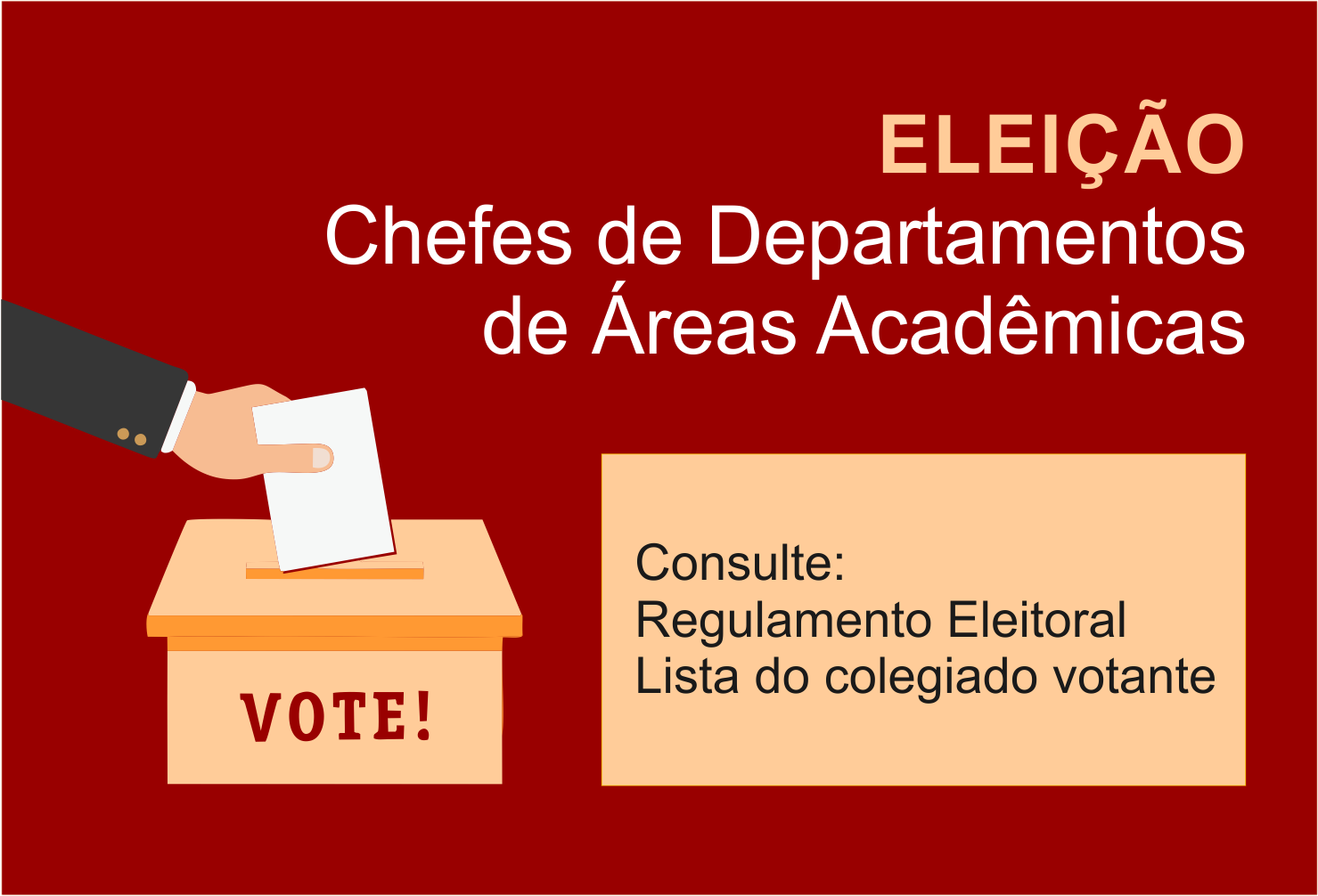 Votação para eleição de novos chefes dos departamentos acadêmicos 2, 3 e 4 será realizada no dia 12 de julho, no Câmpus Goiânia. Votação para eleição de novos chefes dos departamentos acadêmicos 2, 3 e 4 será realizada no dia 12 de julho, no Câmpus Goiânia.